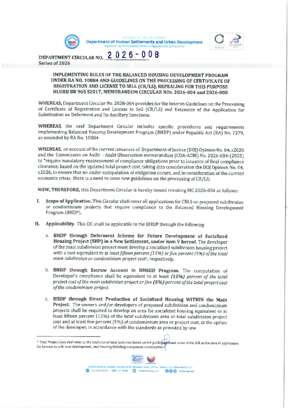 Department Circular No. 2026-008: IRR of Balanced Housing Development ...