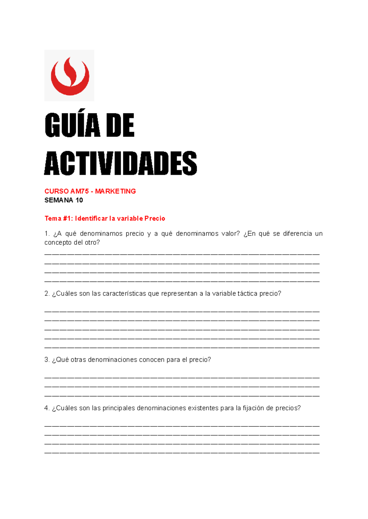 Guía de Actividades 10 - Precio y Estrategias del Curso AM75 - Studocu