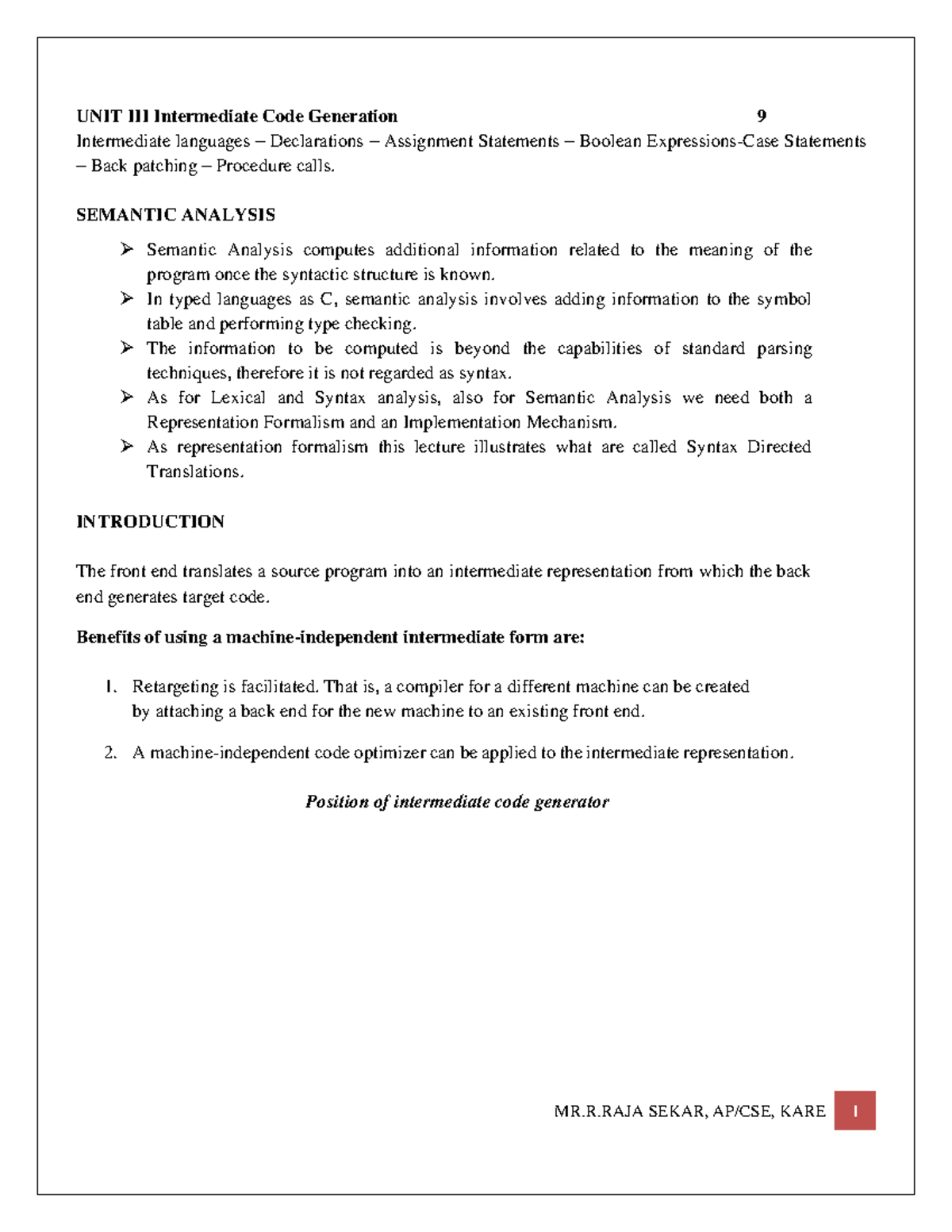 CD Unit III - Intermediate Code Generation and Semantic Analysis - Studocu
