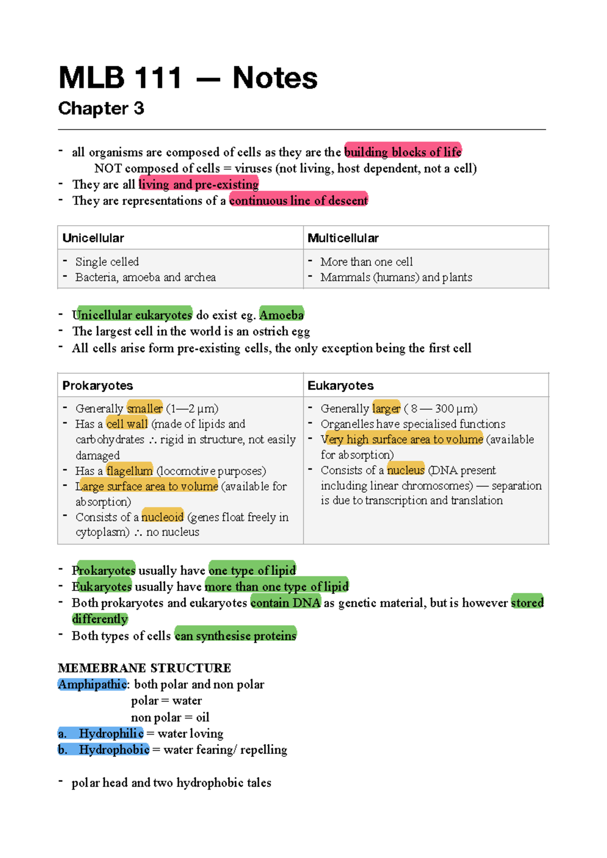 MLB 111 Notes: Chapter 3 - Cell Structure and Function Overview - Studocu