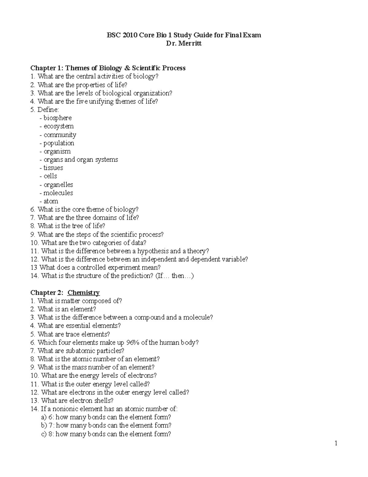 BSC2010 Core Bio 1 Comprehensive Final Study Guide - BSC 2010 Core Bio ...