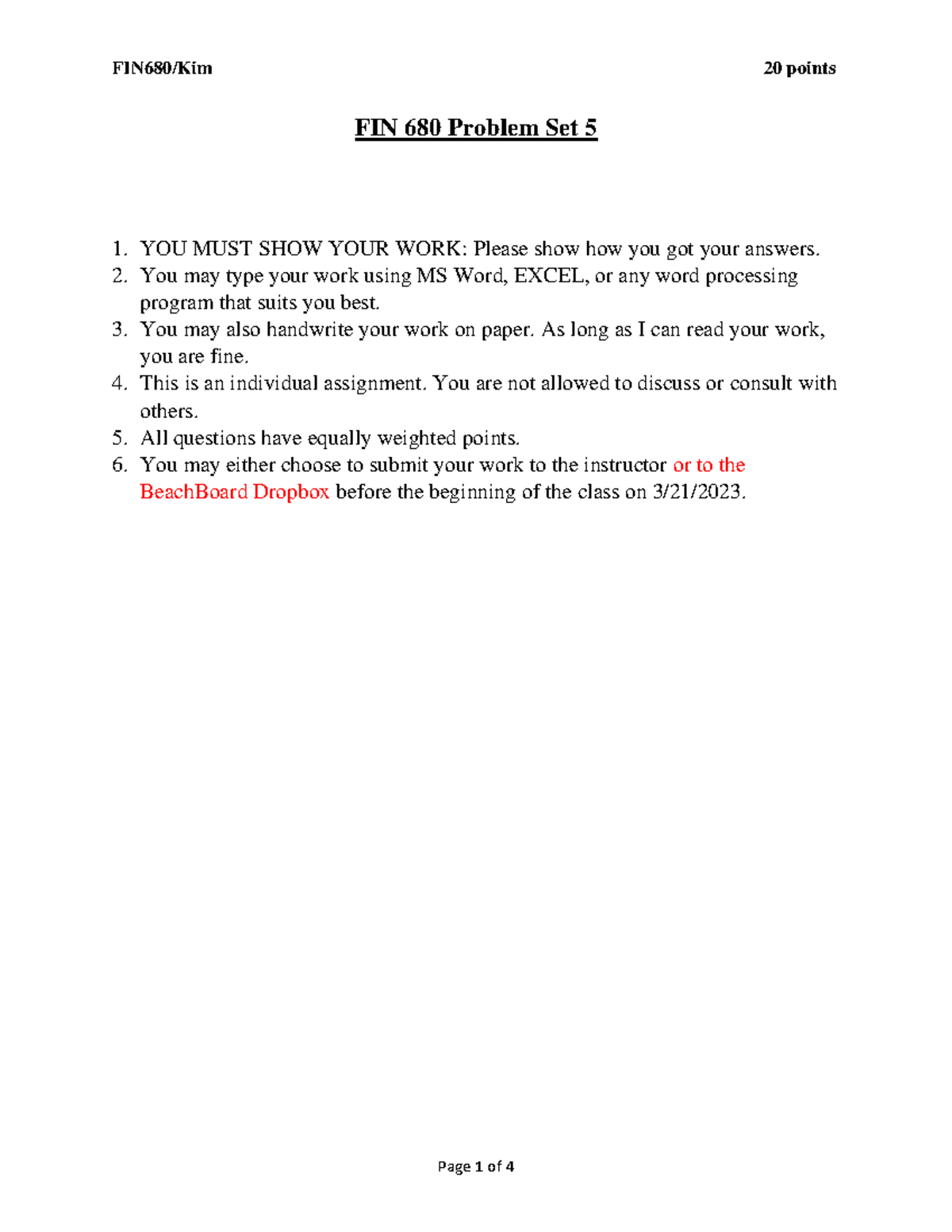 FIN 680 Problem Set 5: Questions and Solutions for Practice - Studocu