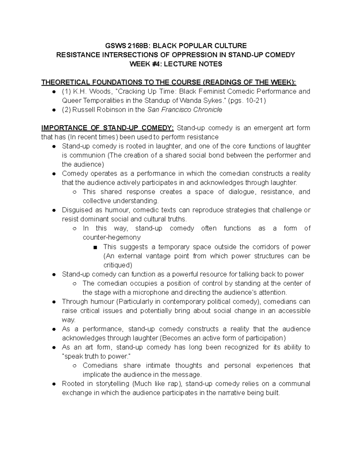 GSWS 2168B: Resistance and Oppression in Stand-Up Comedy Lecture Notes ...