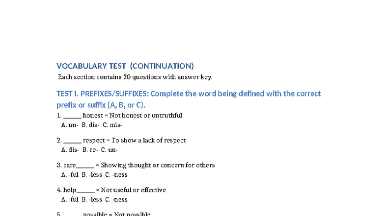 Vocabulary Test Sample (Continuation) - Answer Key Included - Studocu