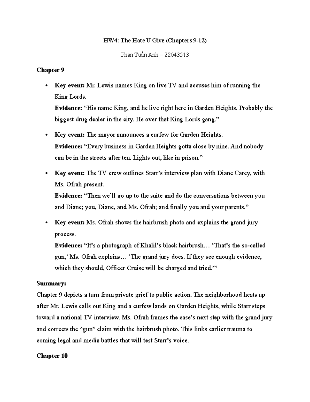 HW4: The Hate U Give (Chapters 9-12) Key Events & Summaries - Studocu