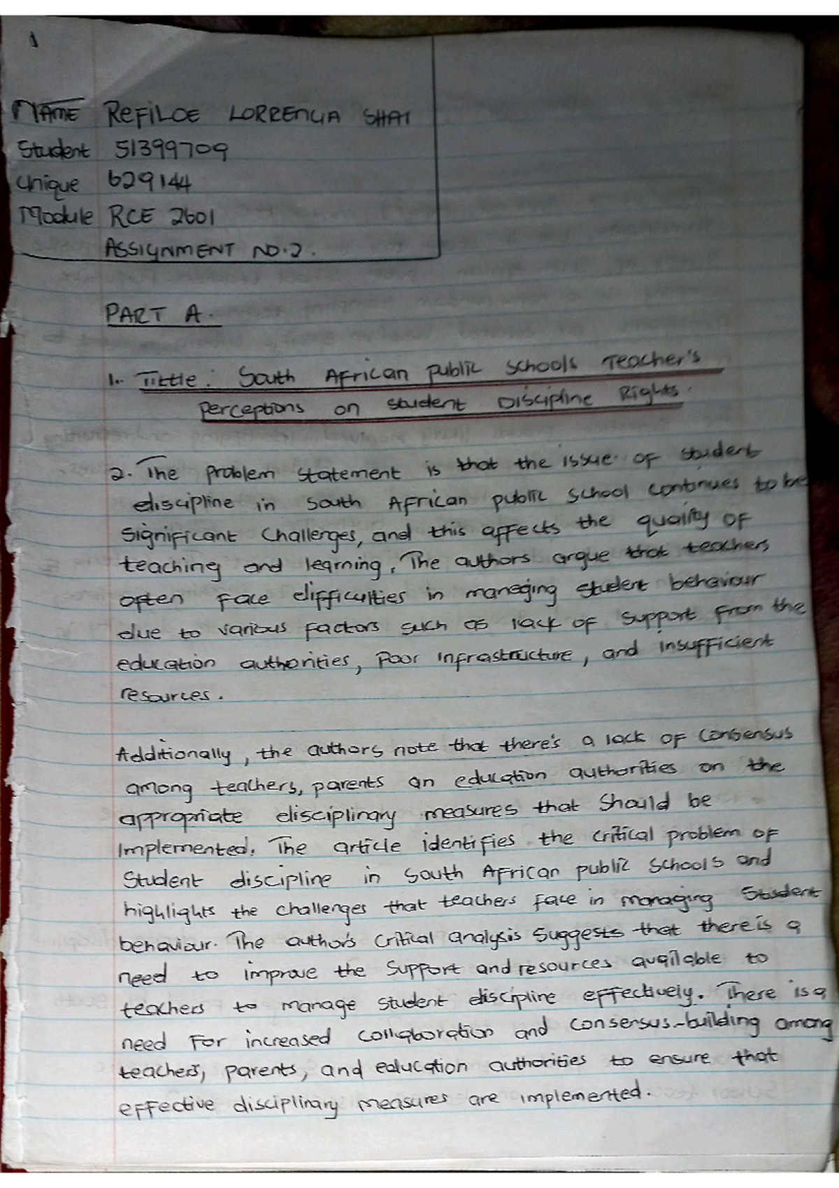 RCE2601 Assignment 2 - Study Notes and Key Concepts - Studocu