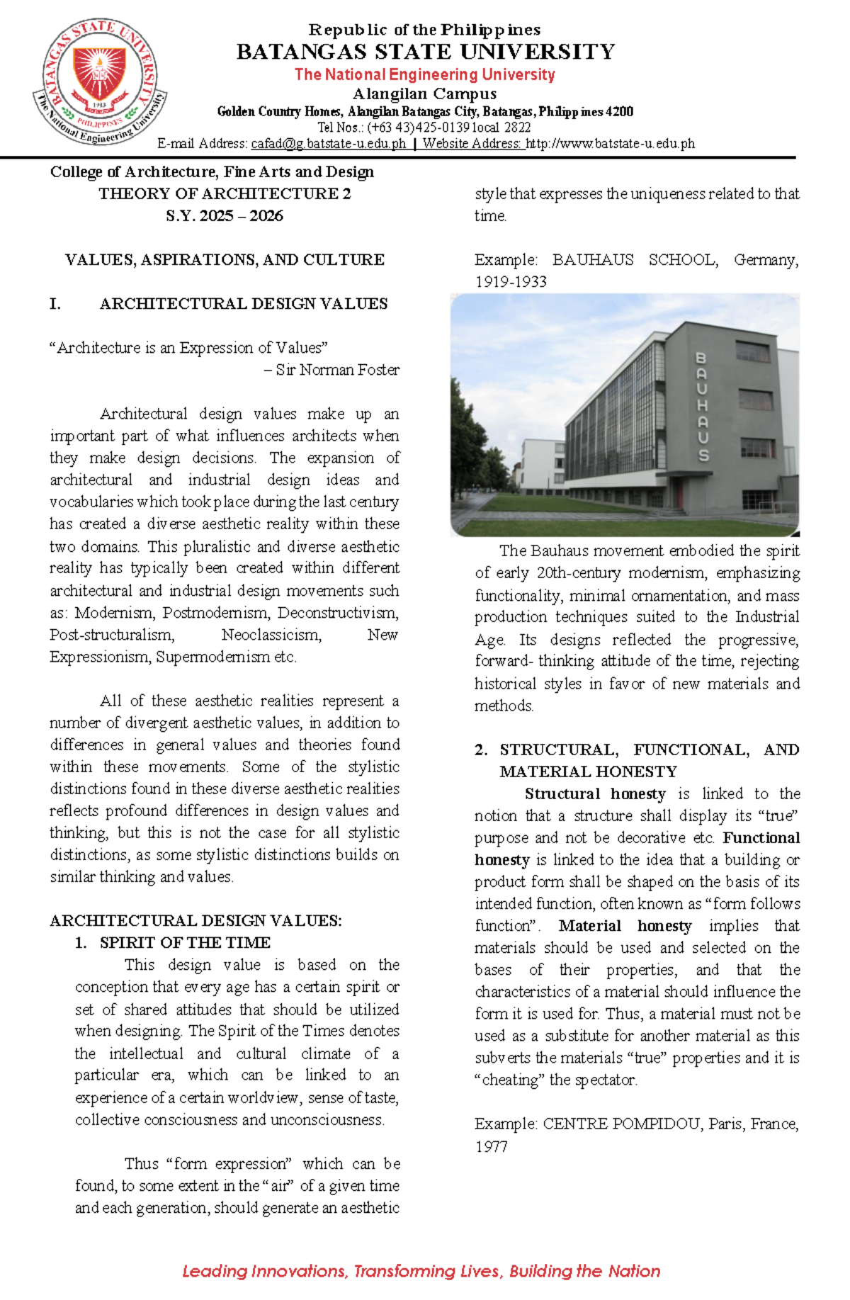 TOA2 - Architectural Design Values and Cultural Integration Handout ...