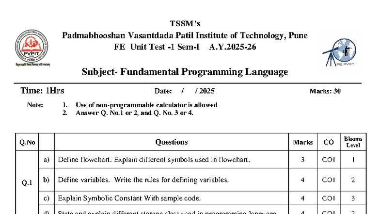 FPL Unit Test I (FE) - Vasantdada Patil Institute of Tech, Pune - Studocu