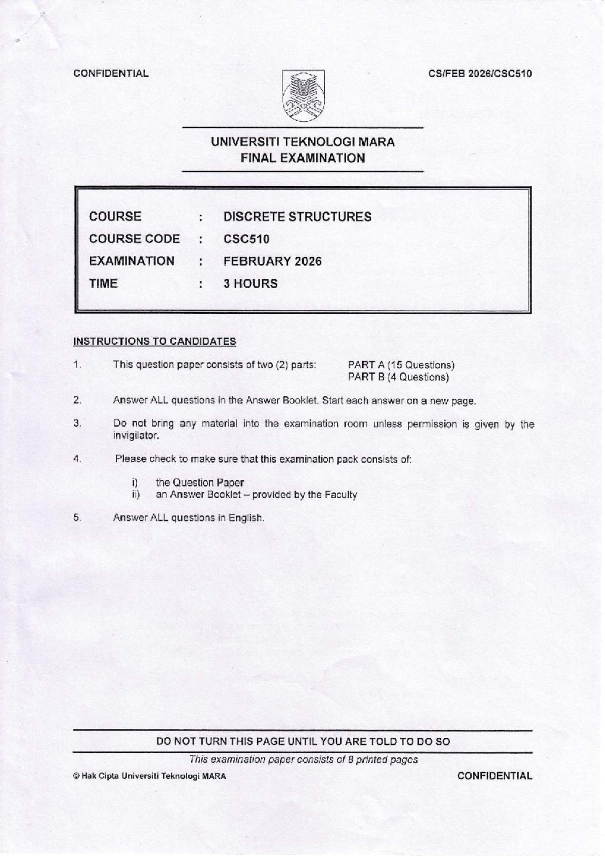CSC510 FEB 2026 - Final Examination in Discrete Structures - Studocu