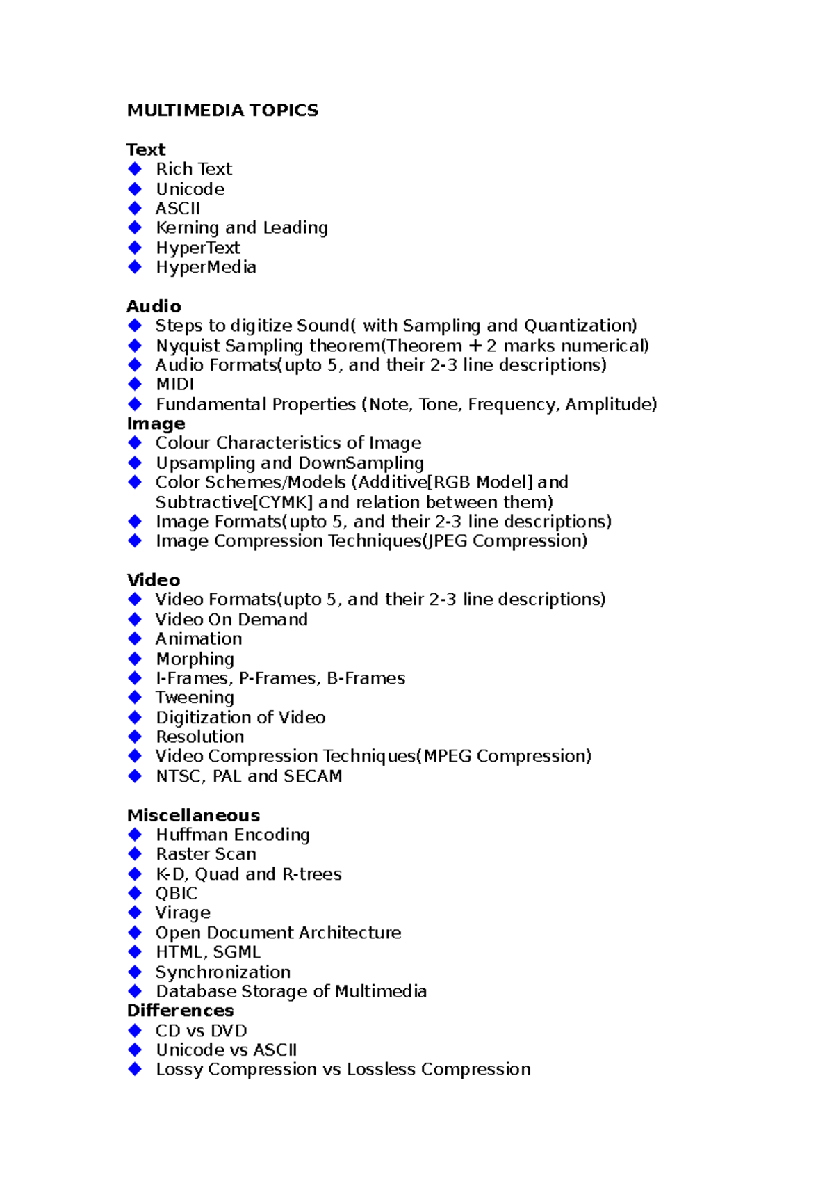 Multimedia Topics Overview and Key Concepts for Study - Studocu