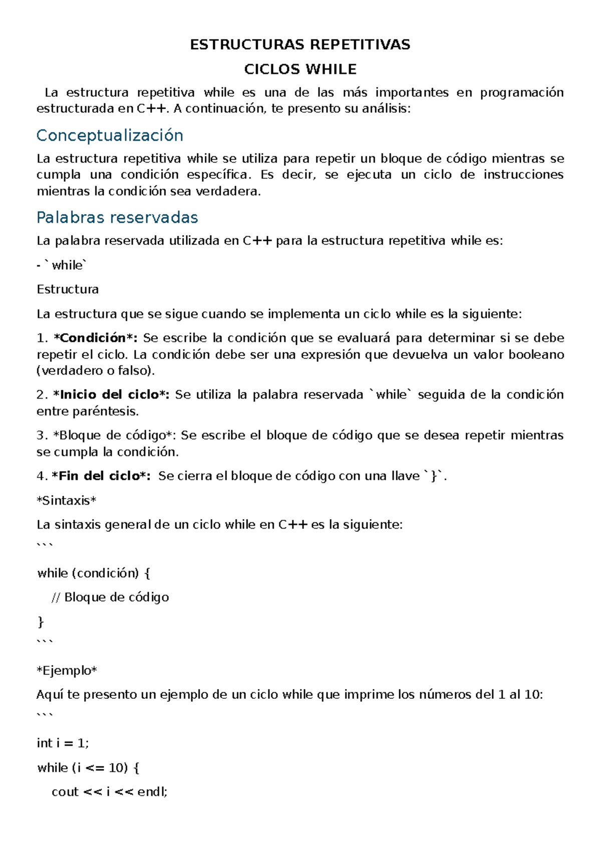 Estructura Repetitiva While en C++: Análisis y Ejemplos - Studocu
