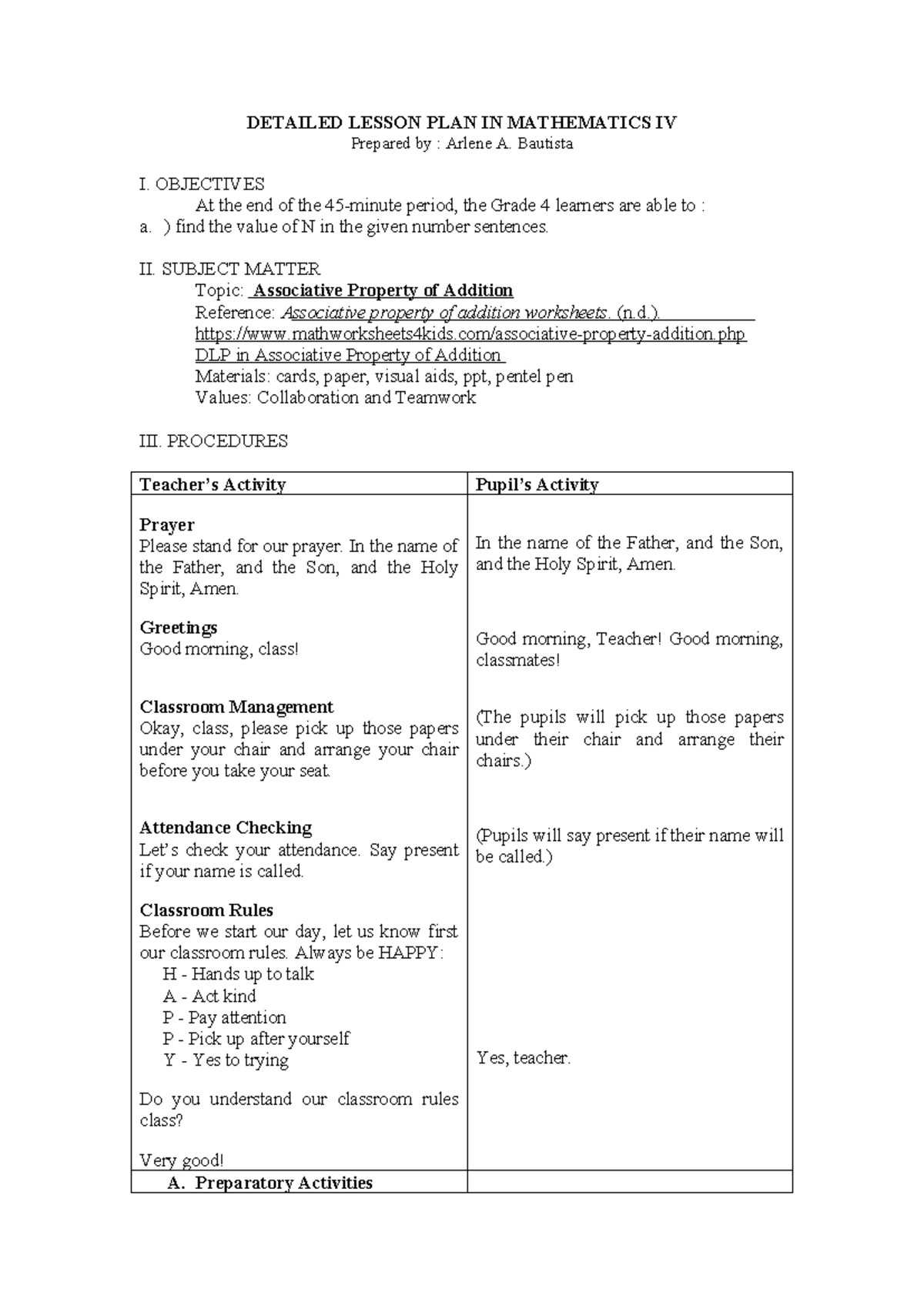 MATH 4 Q4 W3 D4 DETAILED LESSON PLAN ON ASSOCIATIVE PROPERTY - Studocu