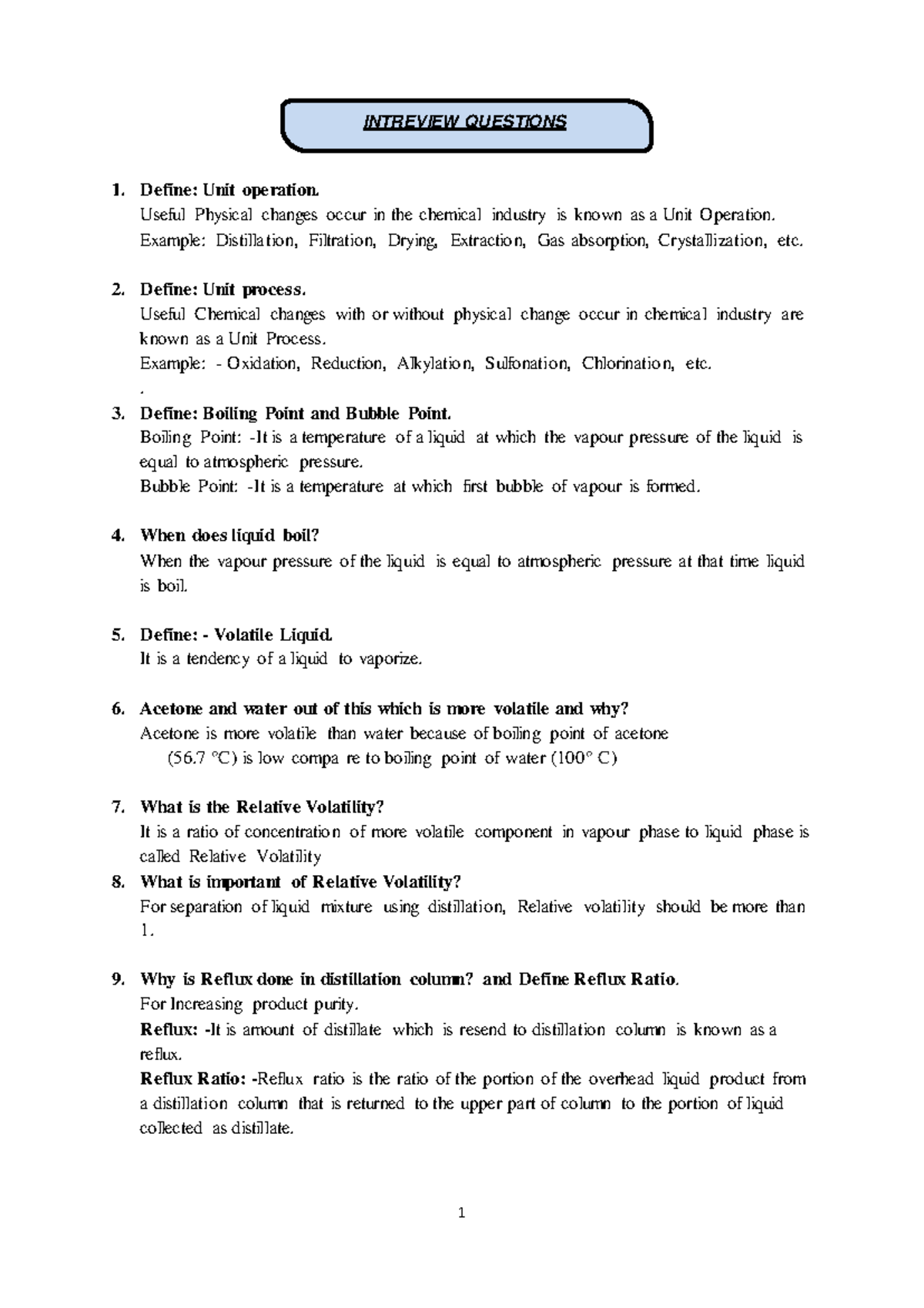 Interview Questions for Process Engineering (CHEM 101) - Studocu