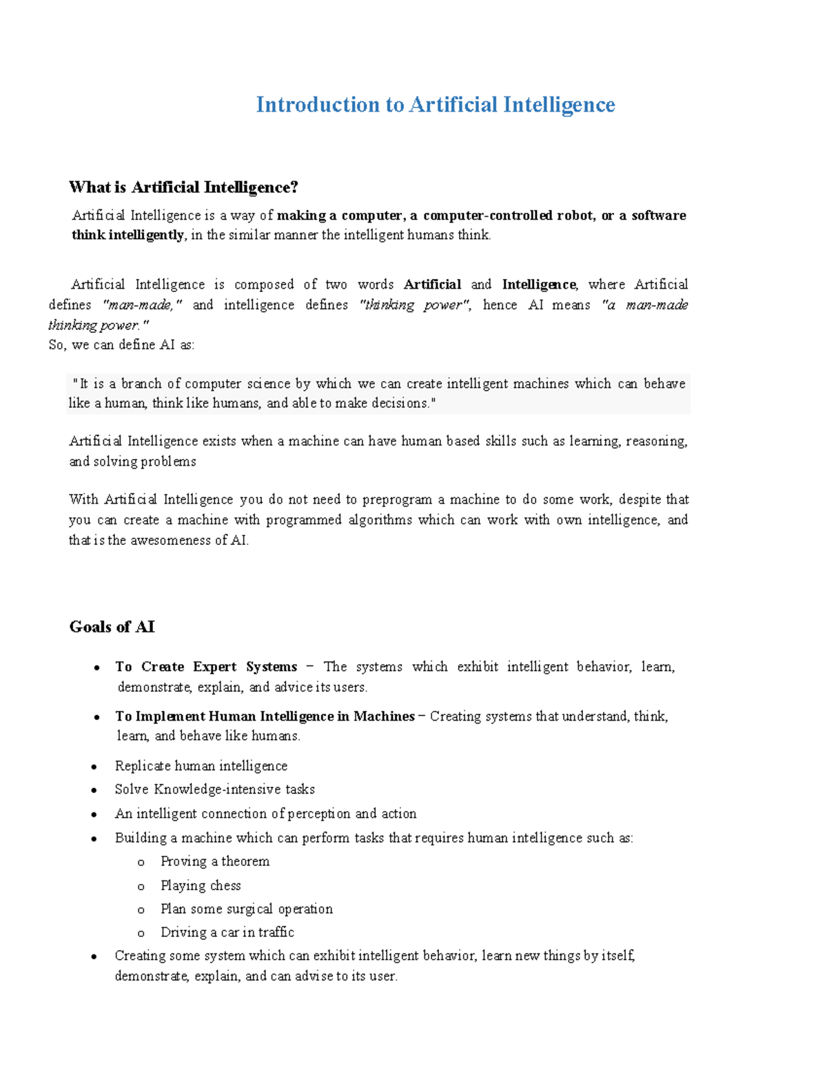 AI Unit 1-2: Introduction to Artificial Intelligence Concepts and ...