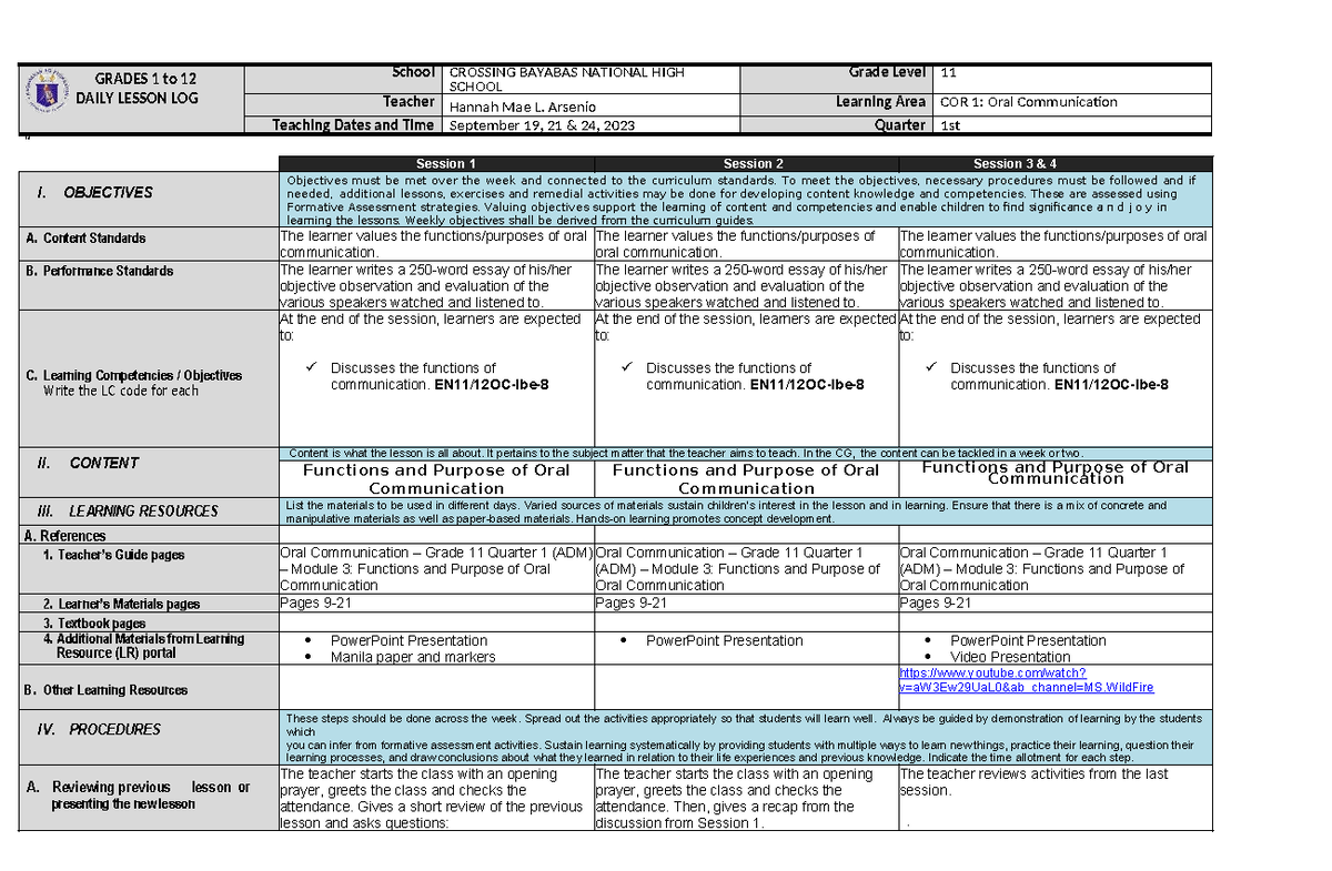 DLL COR 1 WEEK 3 Final - Oral Communication Lesson Plan - Studocu