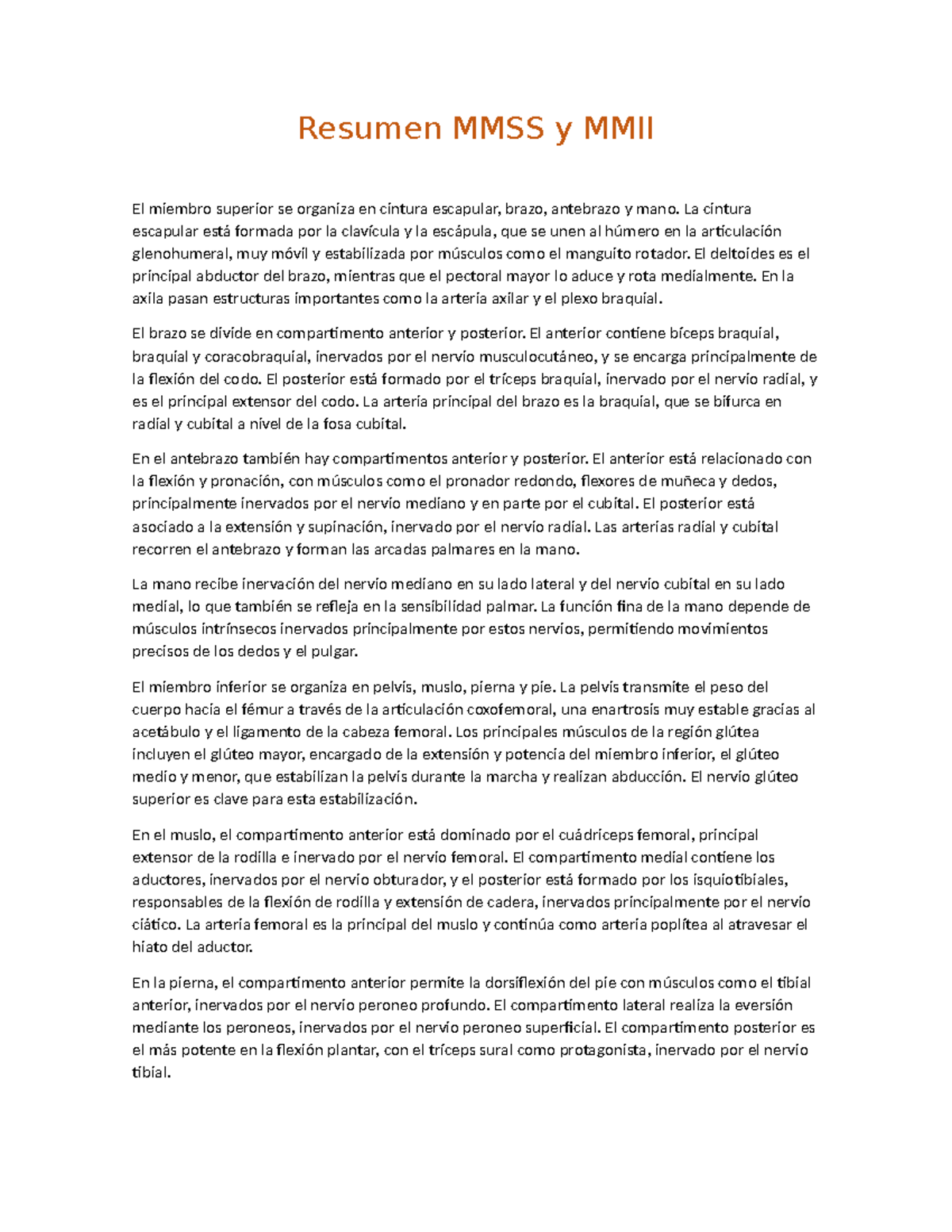 Resumen MMSS y MMII: Anatomía del Miembro Superior e Inferior - Studocu