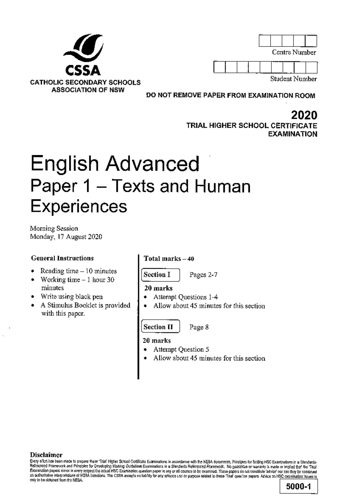 2020 CSSA HSC Trial Exam English Adv Paper 1: Texts & Human Experiences ...