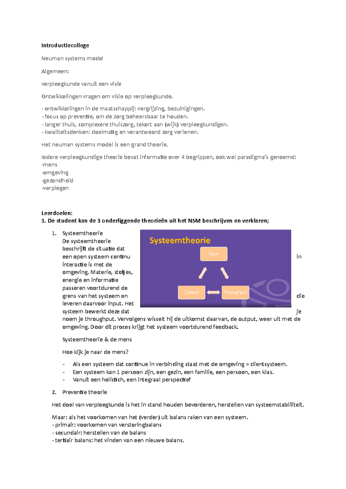 Introductiecollege NSM: Neuman Systems Model en Verpleegkunde Theorieën ...