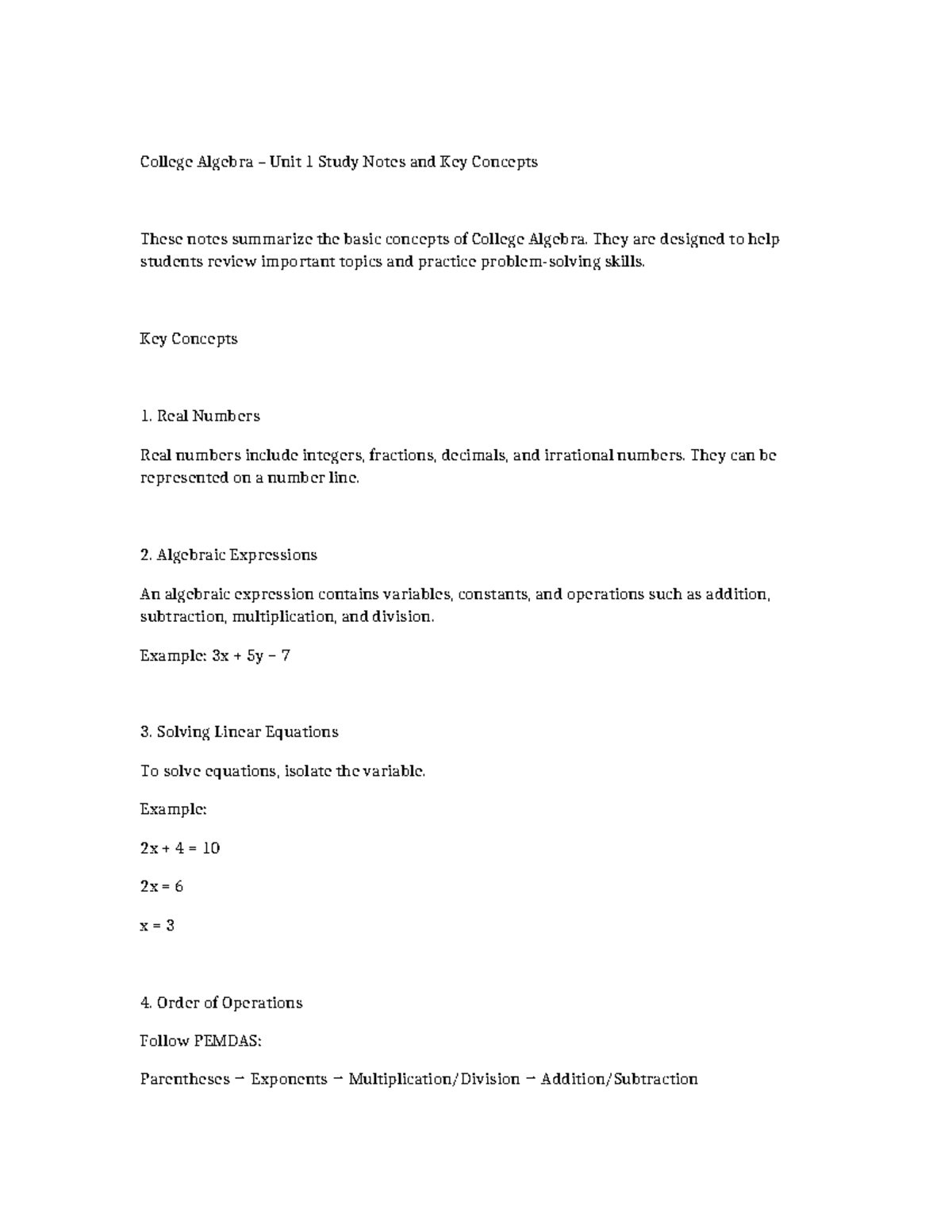 College Algebra Unit 1: Key Concepts & Study Notes - Studocu