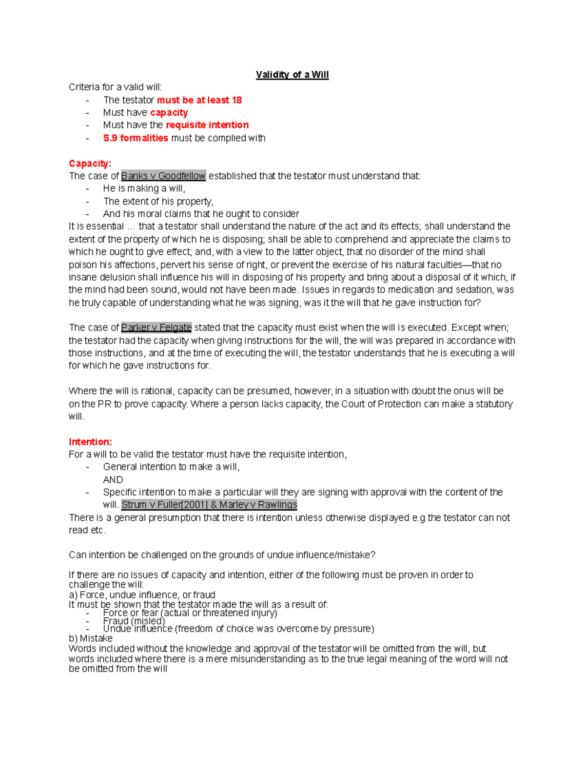 Wills Revision Notes - Validity of a Will Criteria for a valid will ...