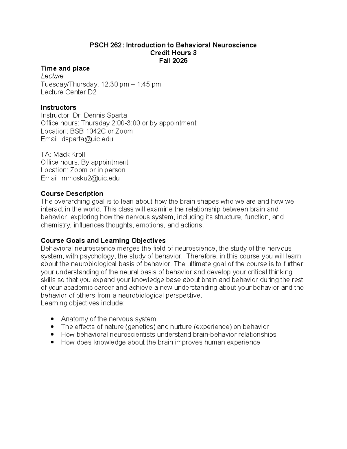 PSCH 262: Behavioral Neuroscience Course Syllabus - Fall 2025 - Studocu