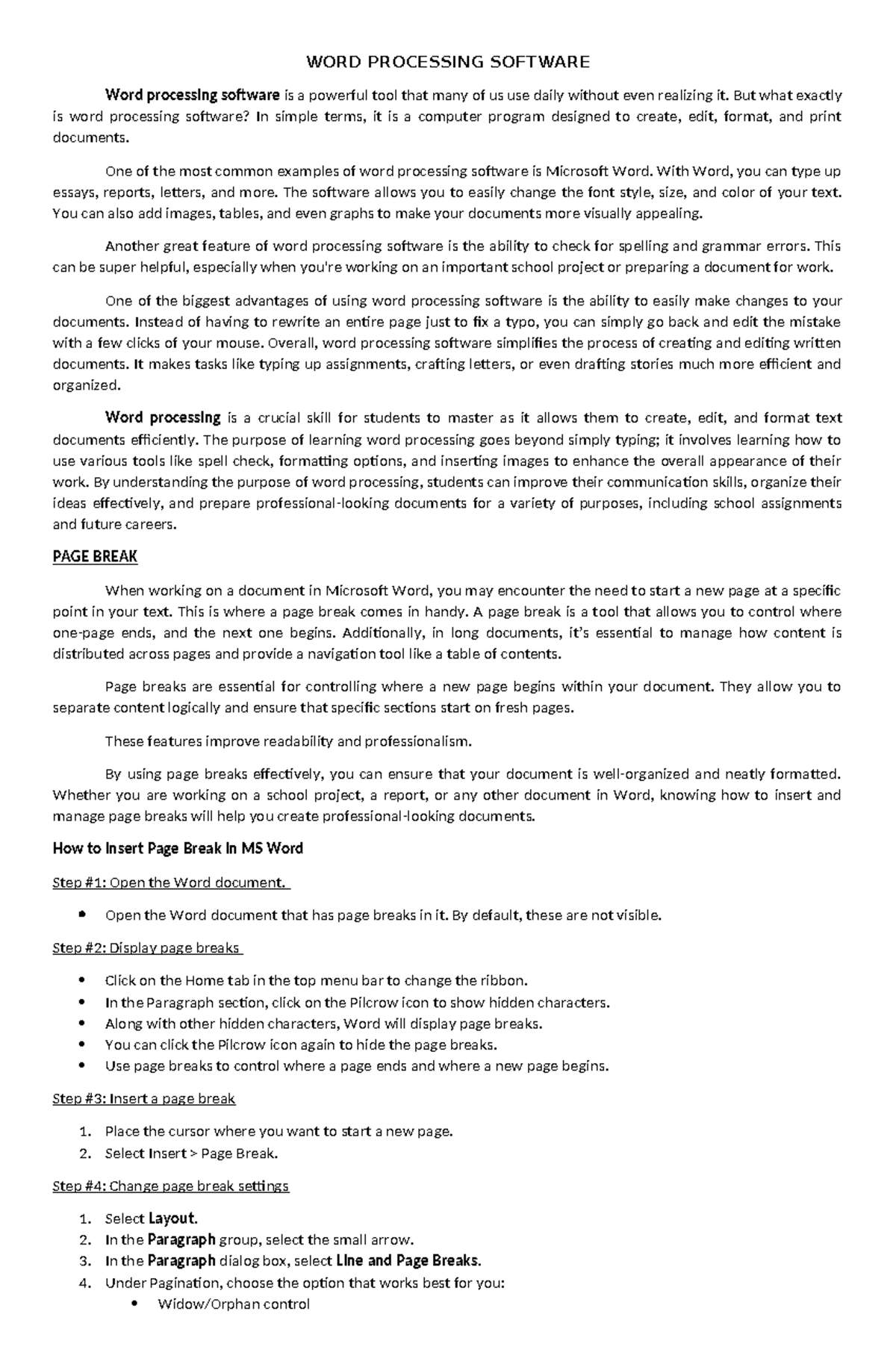 WORD Processing Software: Features, Page Breaks & TOC in MS Word - Studocu