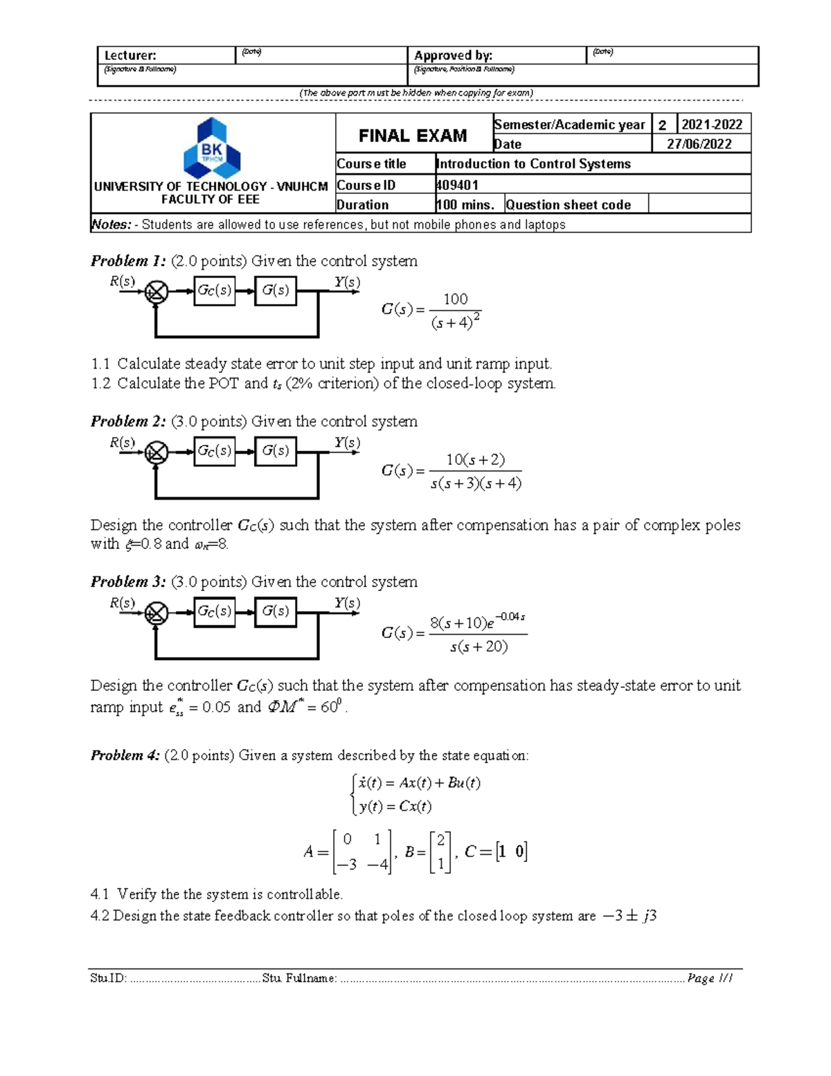 Final Exam 409401: Introduction to Control Systems Solutions - Studocu