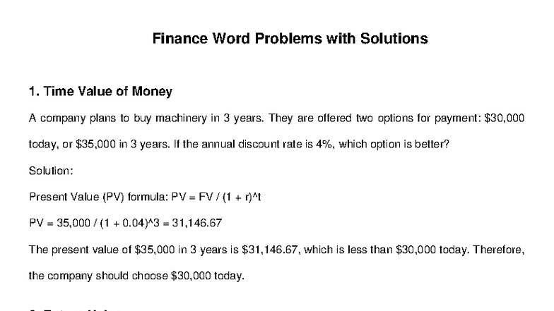 Finance Word Problems with Solutions: Time Value of Money (MATH101 ...