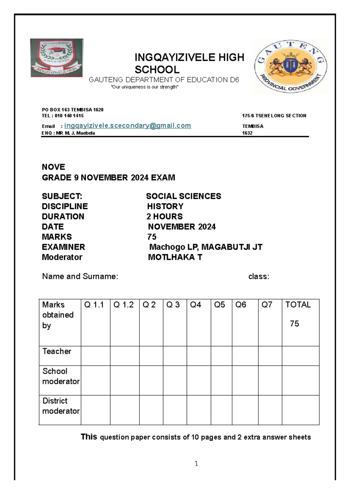 Grade 11 History Test 1: November 2024 Exam on Social Sciences - Studocu