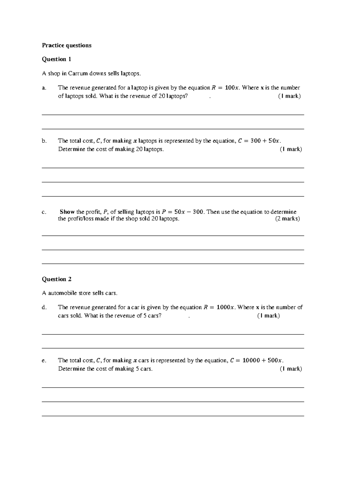 Revision Questions for Practice: Revenue and Cost Analysis - Studocu