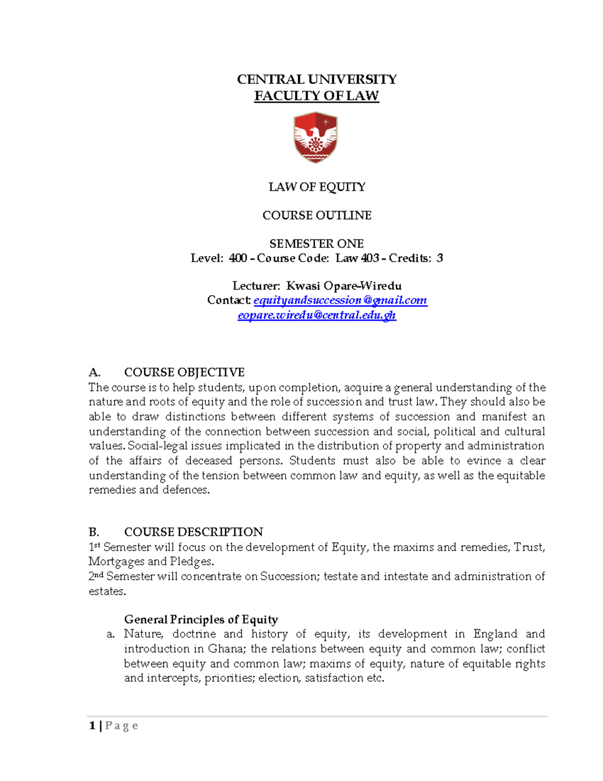 Law 403: Equity Course Outline - Semester One Overview - Studocu