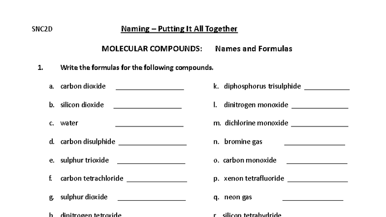 Naming Molecular Compounds Practice - MOLECULAR - Studocu