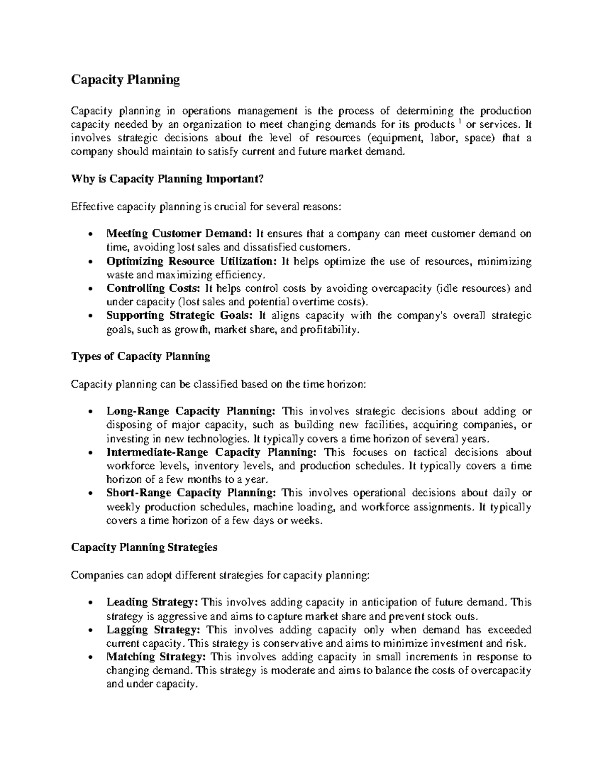 Capacity Planning Notes: Strategies & Importance in Ops Mgmt - Studocu