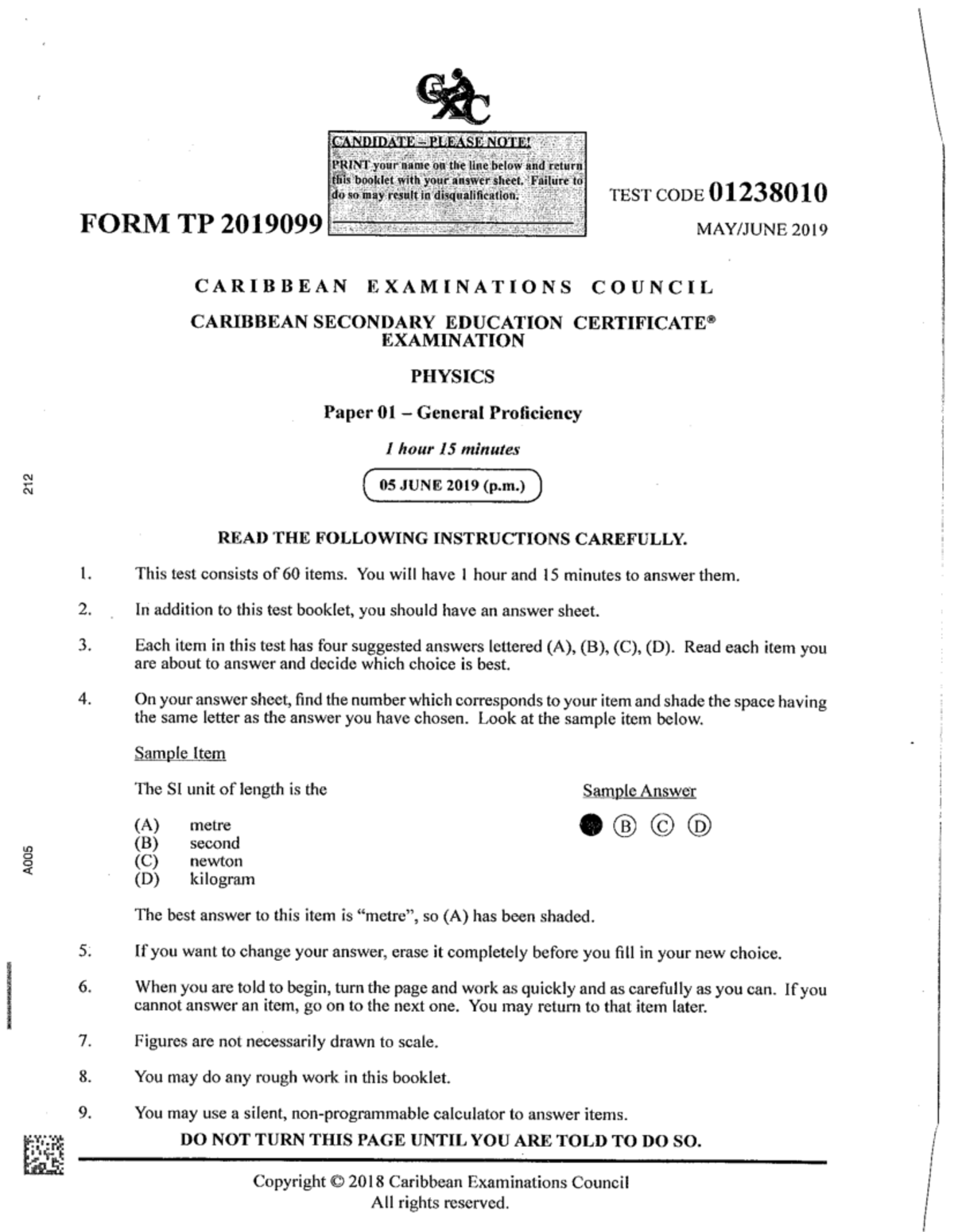 CSEC Physics 2019 P1 Exam Instructions and Guidelines - Studocu