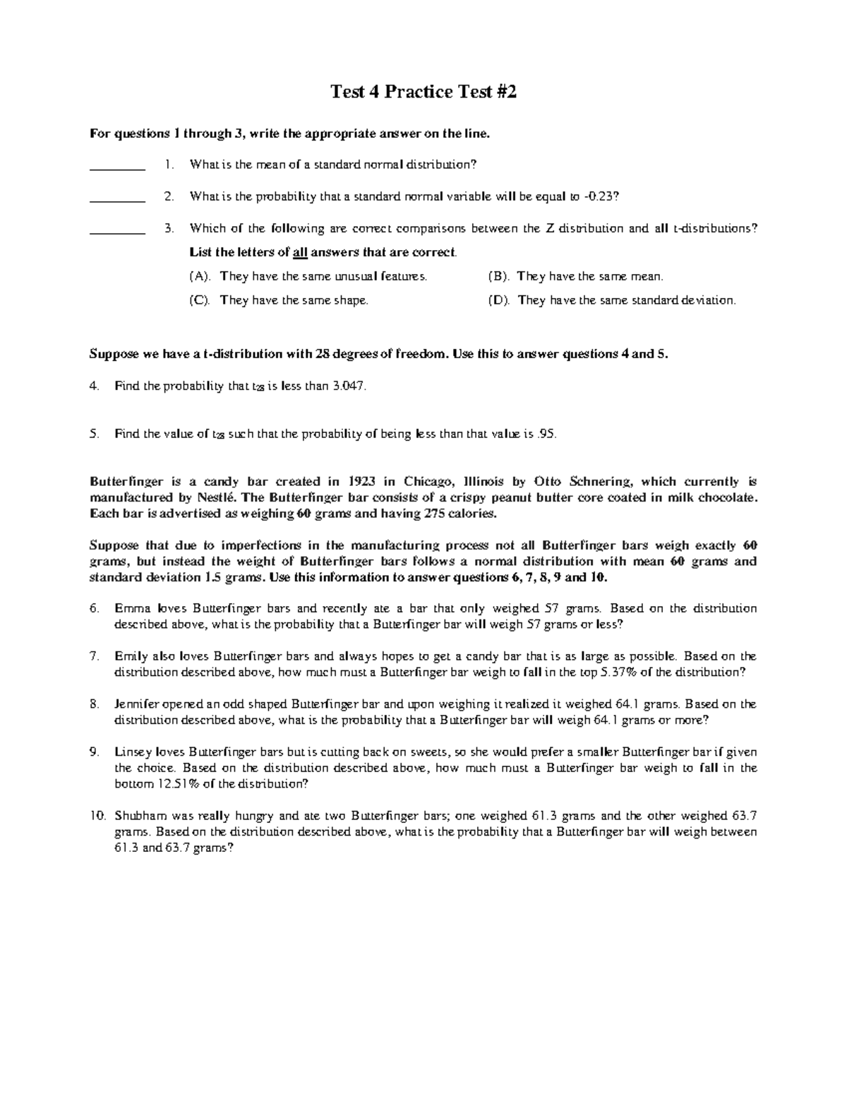 Test 4 Practice Test #2 Solutions - Stats & Probability Insights - Studocu