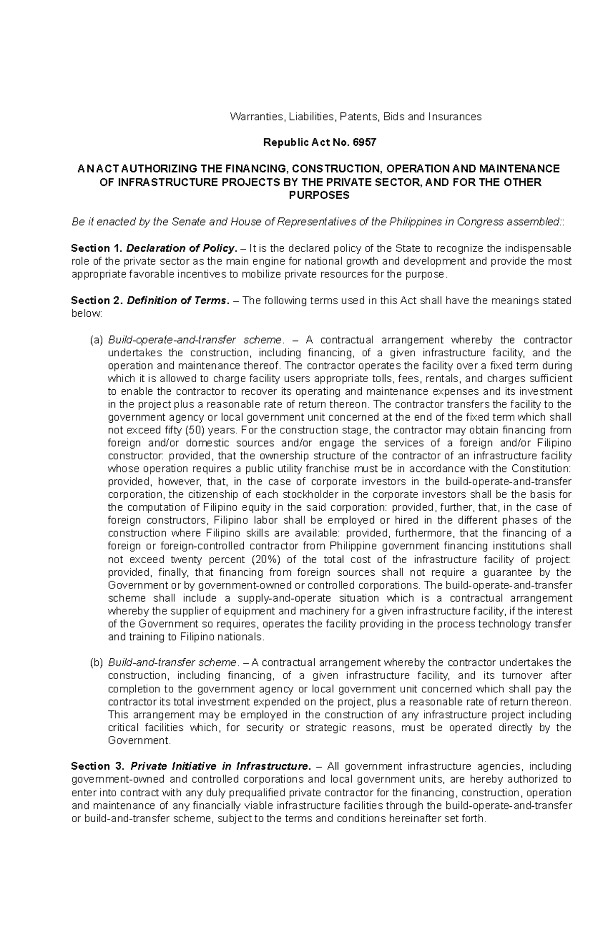 Patents, Warranties, and Liabilities in Infrastructure Bids (RA 6957 ...