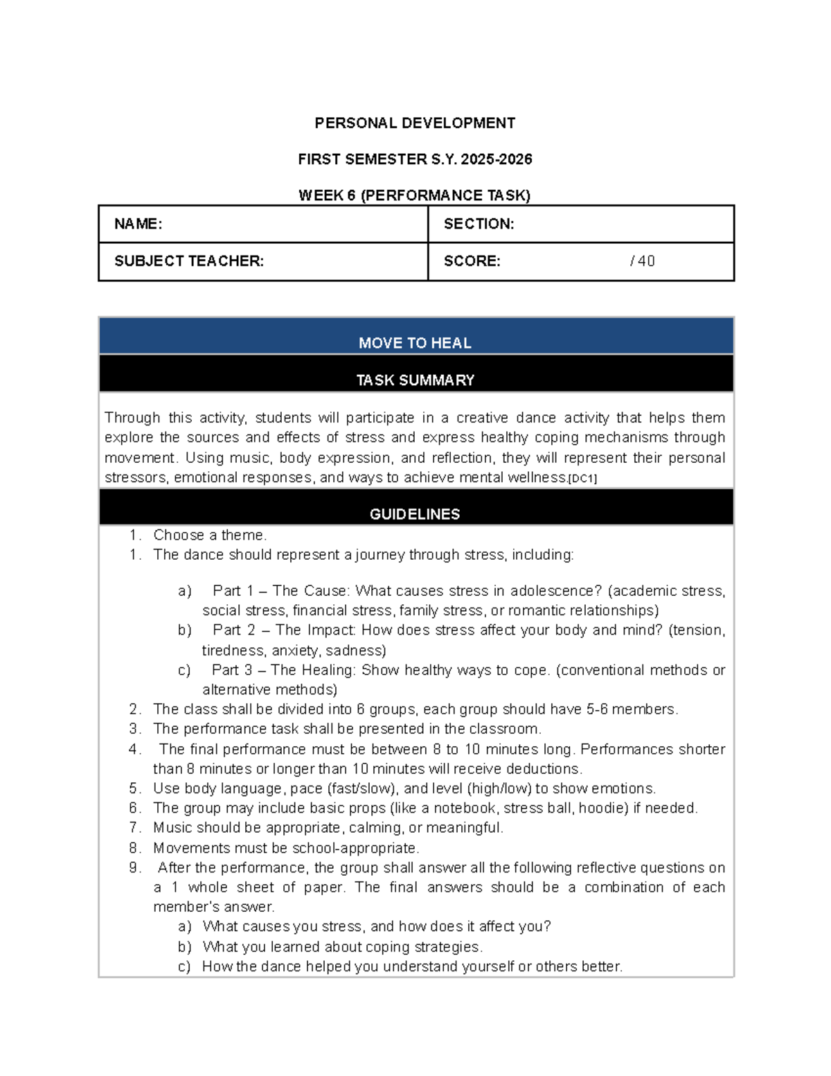 Personal Development 1st Sem S.Y. Week 6 Performance Task - Studocu