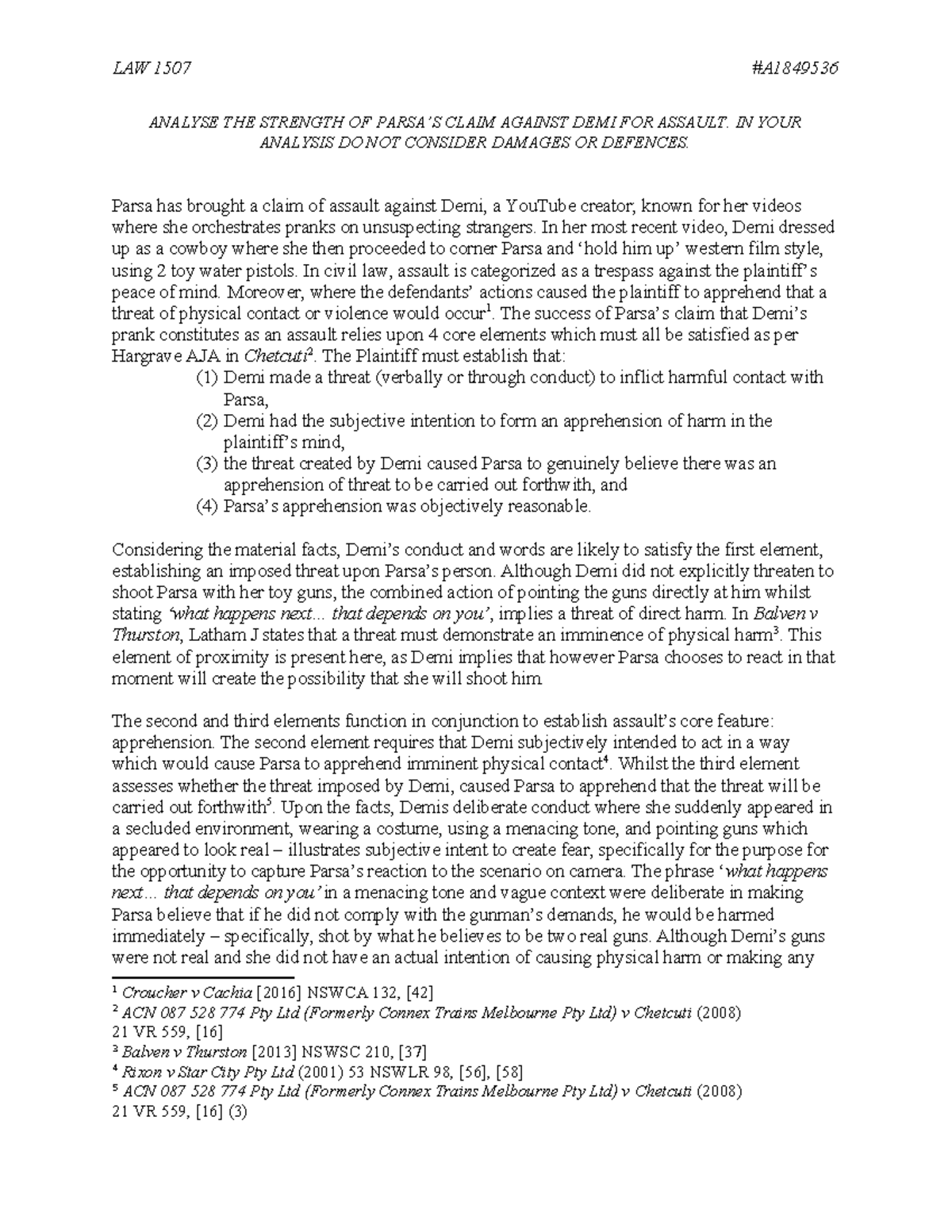 LAW 1507 Torts Assignment 1: Analyzing Assault Claim Against Demi - Studocu