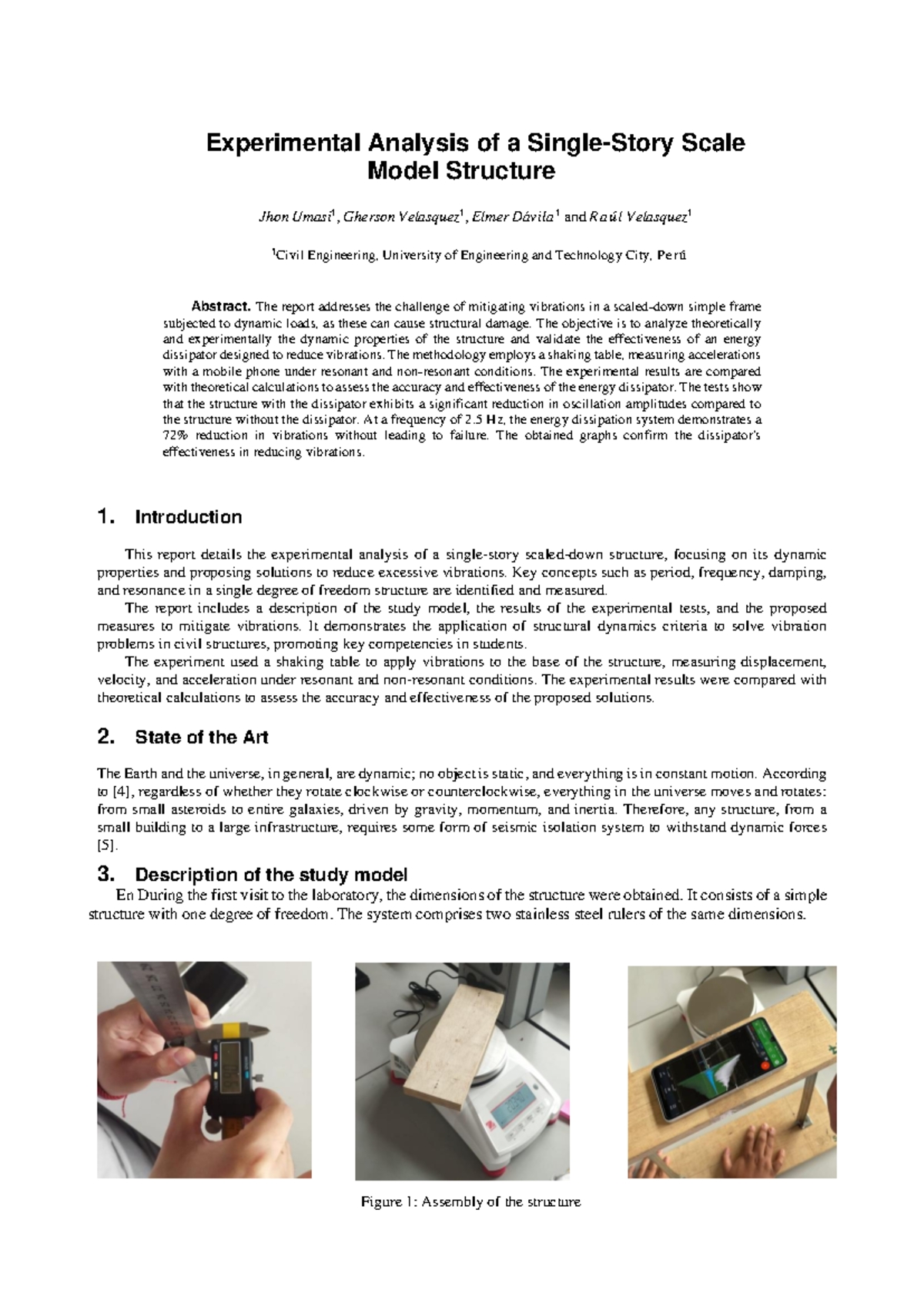 Experimental Analysis of a Single Story Scale Model Structure - CE 101 ...