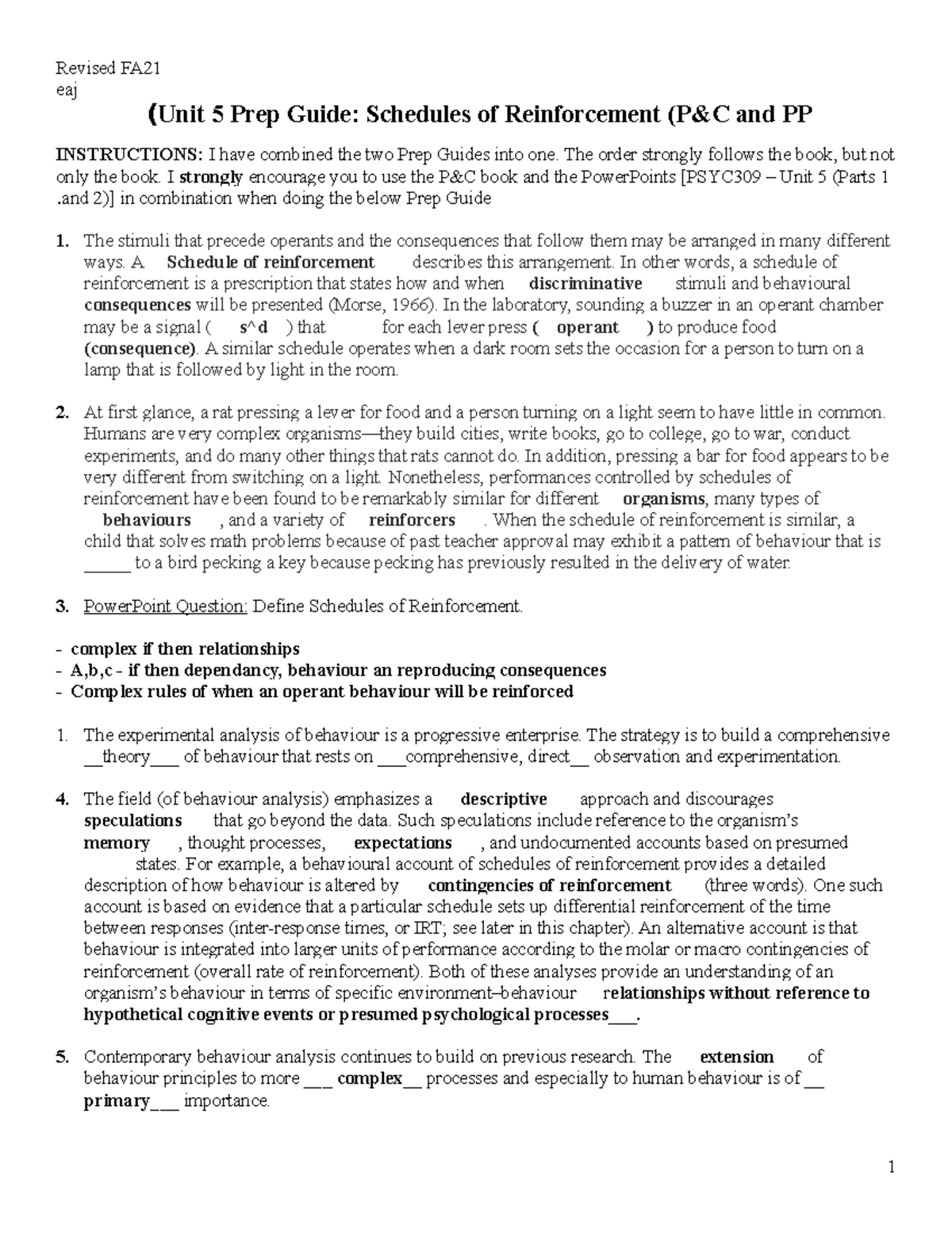 PSYC309 Unit 5 Revised Prep Guide: Schedules of Reinforcement Insights ...