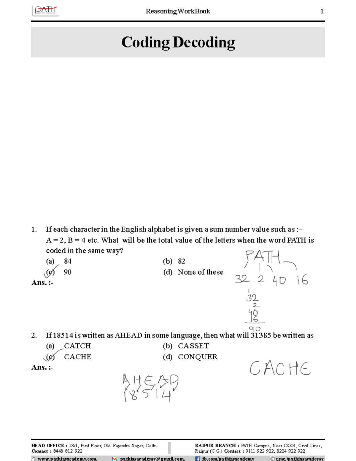 Reasoning Workbook: Coding-Decoding Exercises (UPSC Foundation) - Studocu