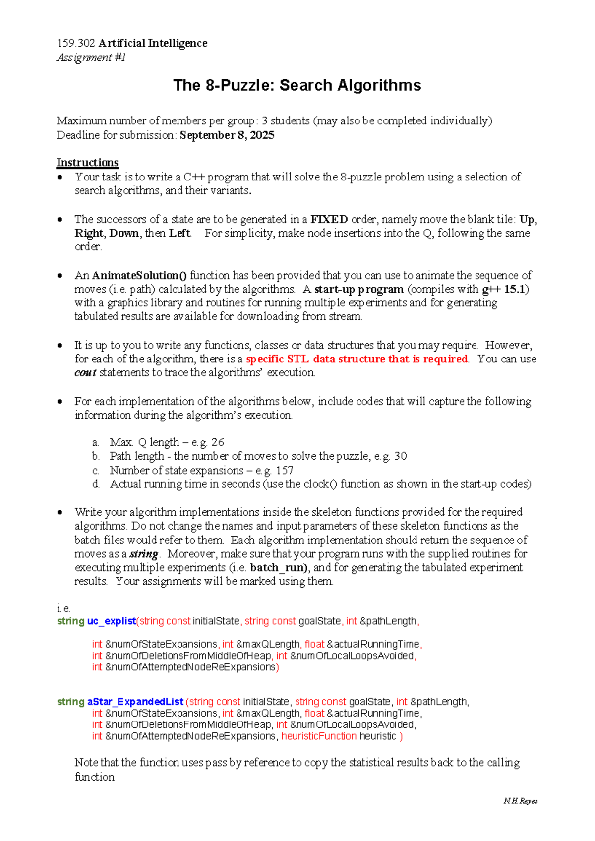 159.302 AI Assignment: Search Algorithms for 8-Puzzle Solution - Studocu