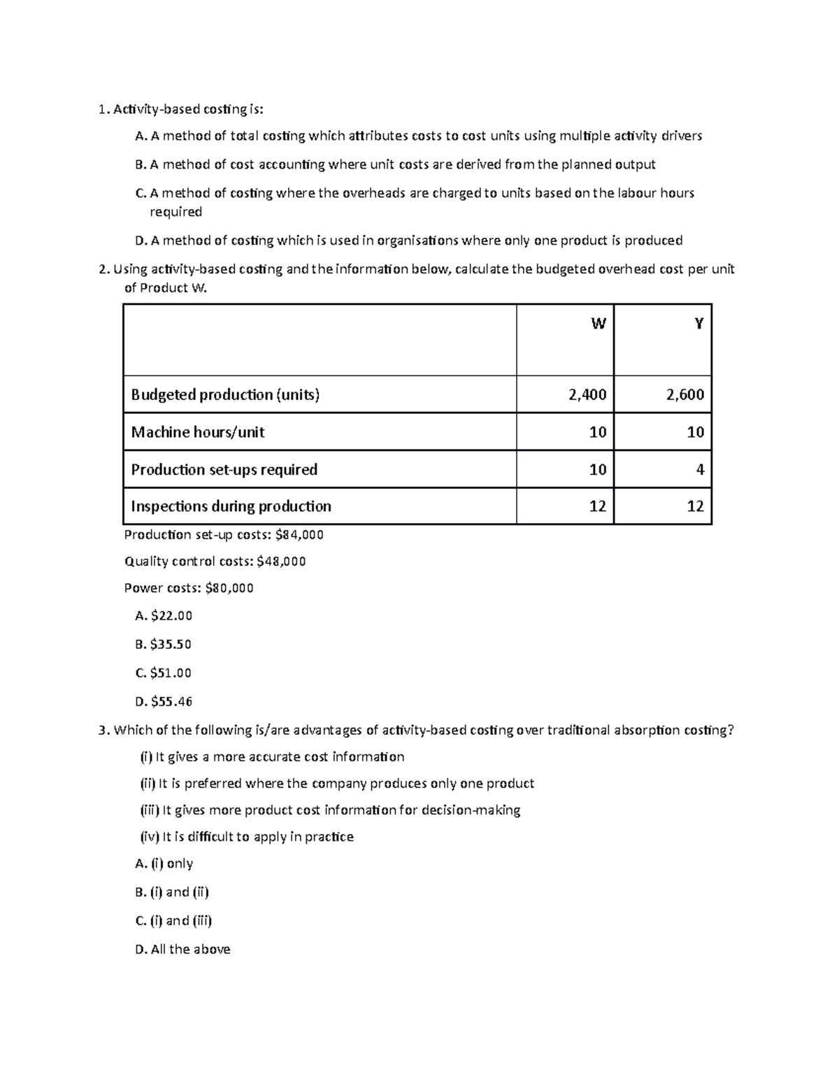 PM MCQs - Activity-Based Costing Insights and Analysis - Studocu