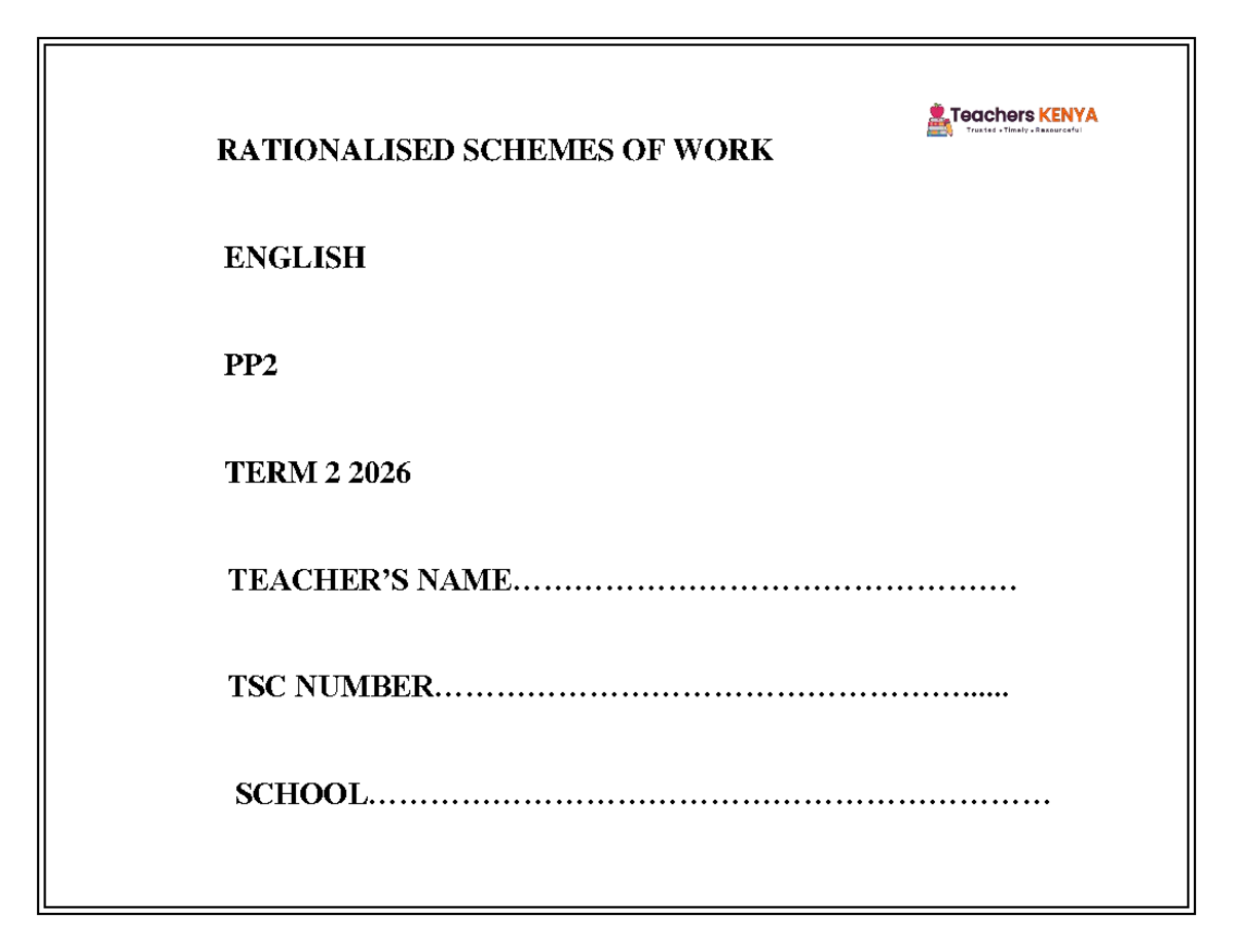 TERM 2 PP2 English Schemes of Work: Lesson Plans and Activities - Studocu