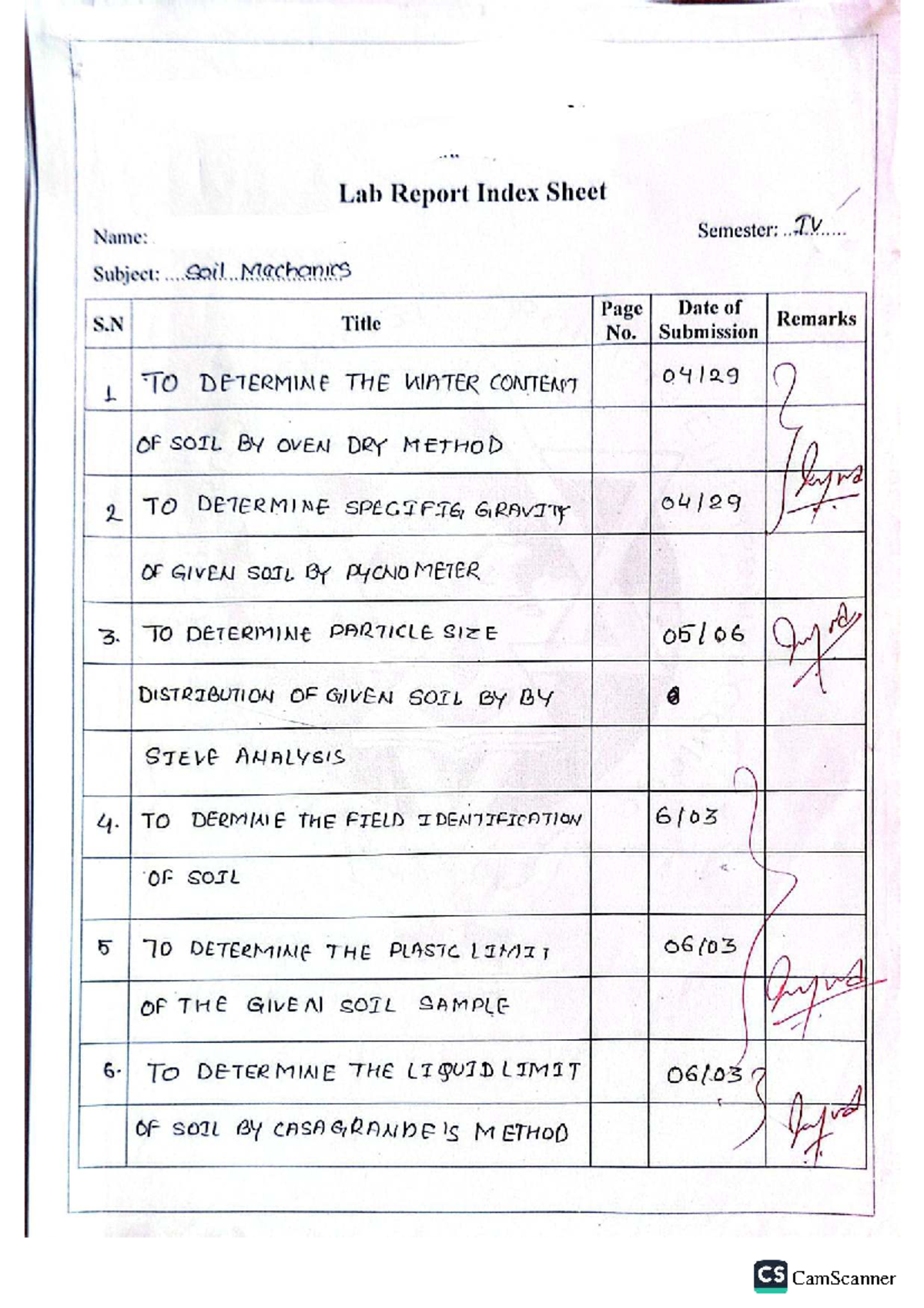 Soil Mechanics Lab Report Index Sheet - Semester IV - Studocu