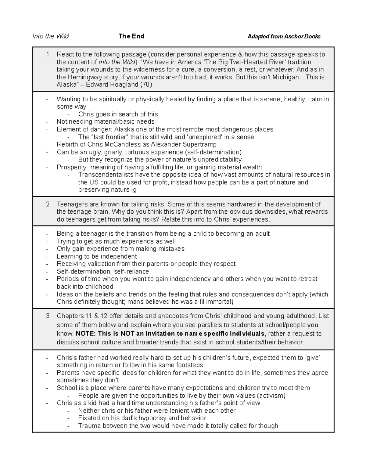 Into the Wild: End Questions & Reflections Analysis - Studocu