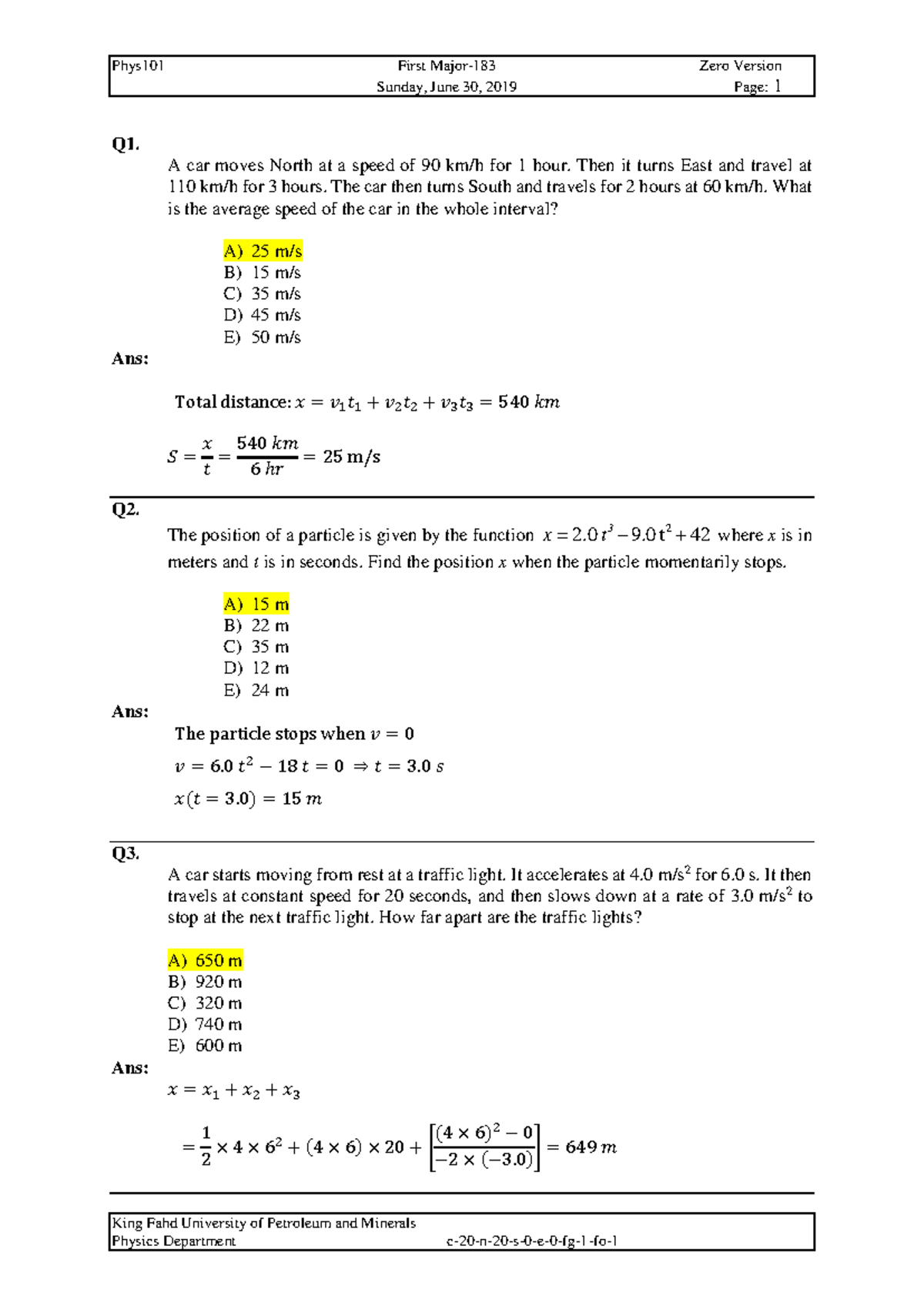 Phys101 Exam 1 Solutions - June 30, 2019 - Studocu
