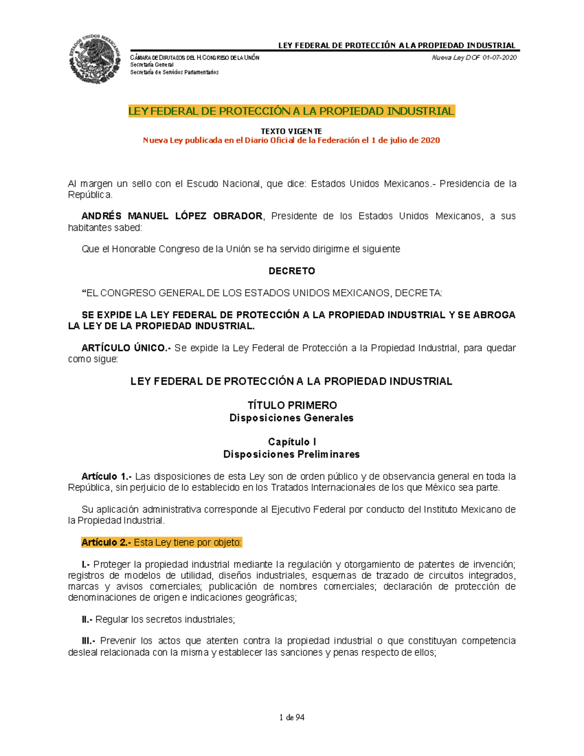 LEY Federal DE ProteccióN A LA Propiedad Industrial - CÁMARA DE ...