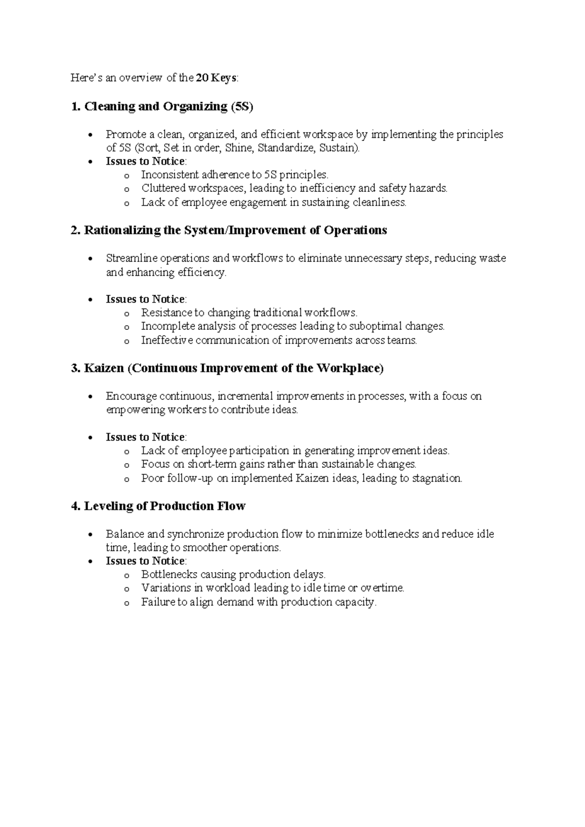 20KEYS - Overview of 20 Key Operational Improvement Strategies - Studocu