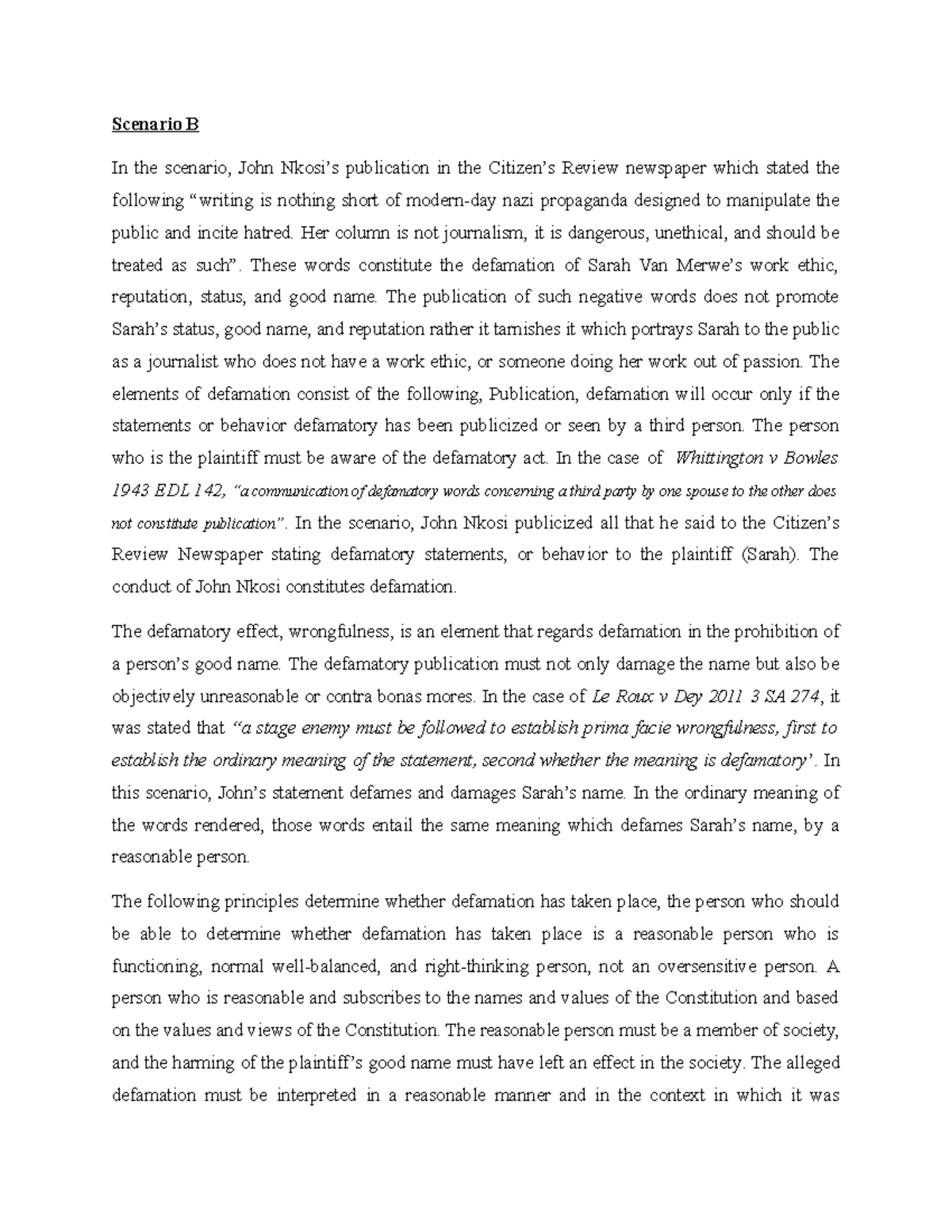 Defamation Analysis: Scenario B - Plea of Guilty - Studocu